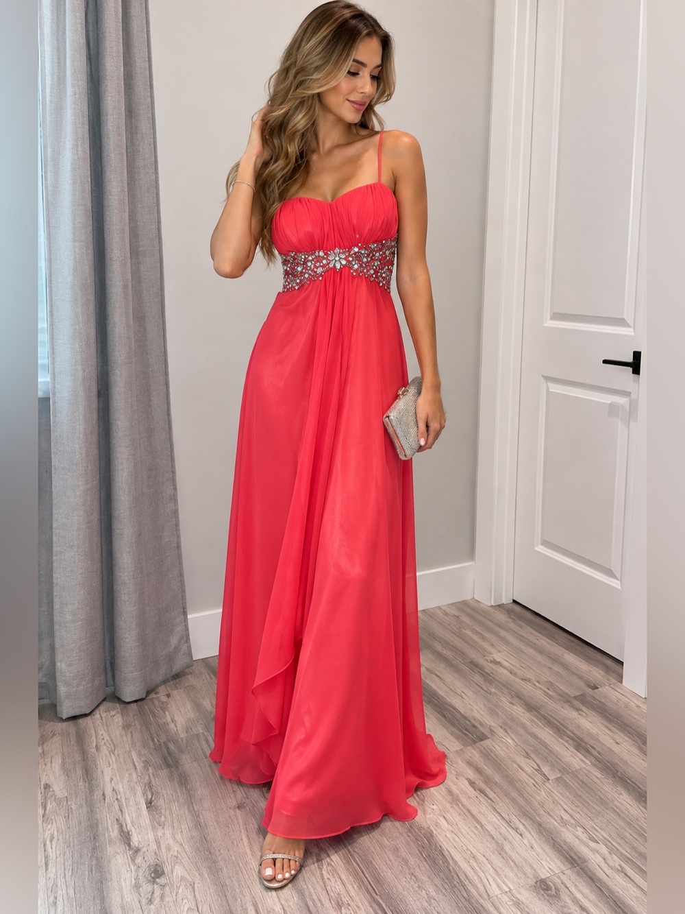 B Darlin Prom Dress Coral Maxi Dress with Embellished Waist Size 7/8 (S/M)